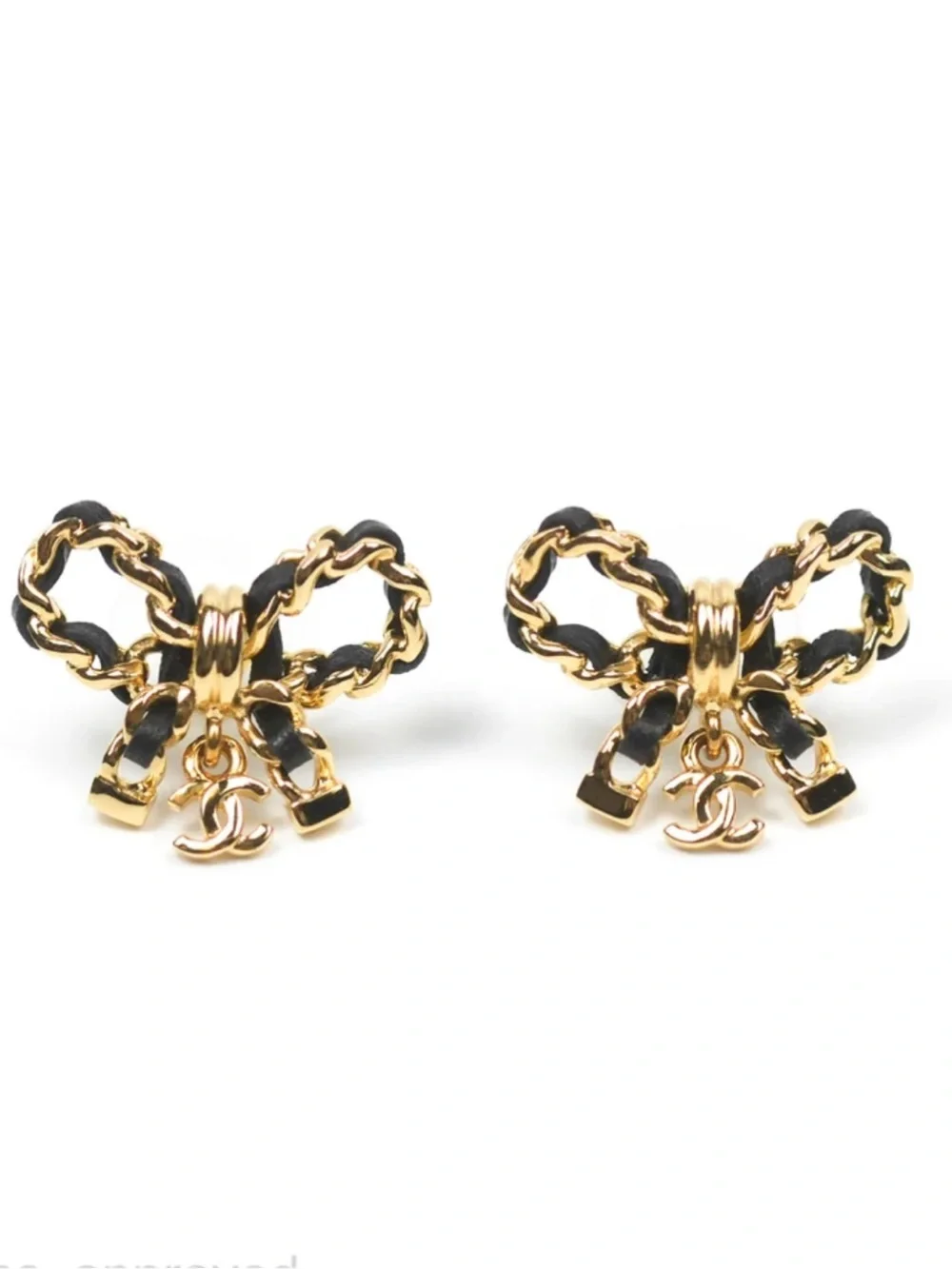 CHANEL Black and Gold Bow Earrings with CC Charm
